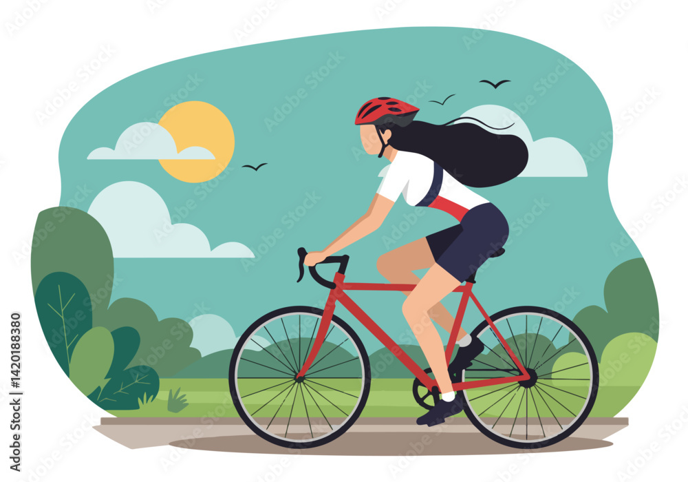 Flat style vector illustration of a woman cycling during her summer holiday in a park landscape Flat style vector illustration of a woman cycling during her summer holiday in a park landscape