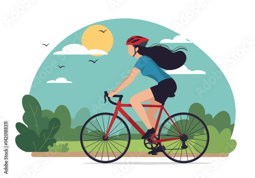 Flat style vector illustration of a woman cycling during her summer holiday in a park landscape