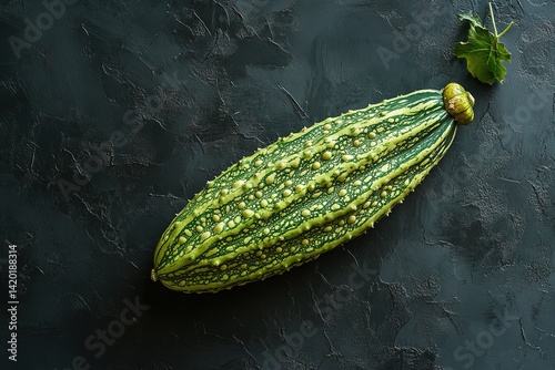 A Bitter Gourd with Sharp Texture, Placed on a Slate-Colored Background, Creating a Minimalist Composition that Highlights the Uniqueness and Edginess of this Distinctive Vegetable photo