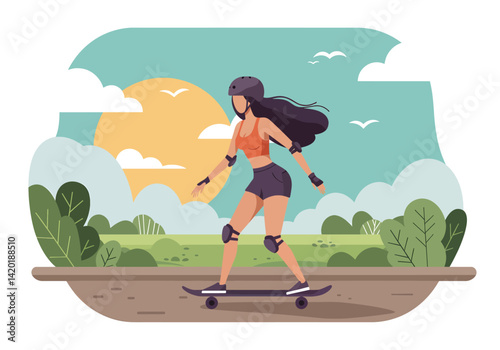 Flat style vector illustration of a young woman skateboarding during her summer holiday in a park