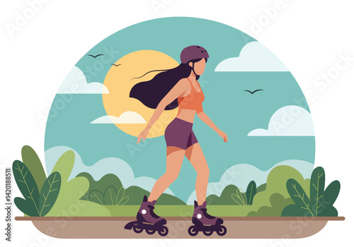 Flat style vector illustration of a young woman skateboarding during her summer holiday in a park