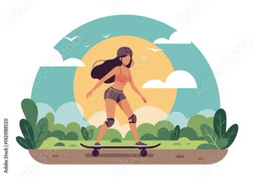 Flat style vector illustration of a young woman skateboarding during her summer holiday in a park