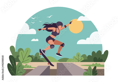Flat style vector illustration of a young woman skateboarding during her summer holiday in a park