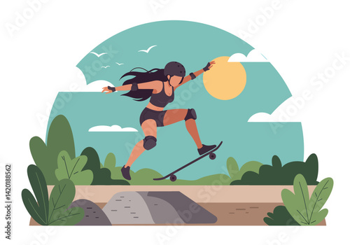 Flat style vector illustration of a young woman skateboarding during her summer holiday in a park
