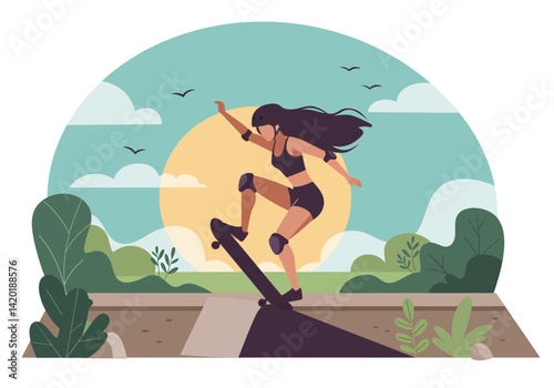 Flat style vector illustration of a young woman skateboarding during her summer holiday in a park