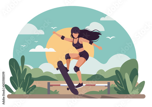 Flat style vector illustration of a young woman skateboarding during her summer holiday in a park