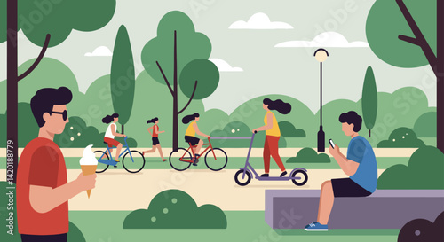Flat style vector illustration of a vibrant summer holiday park scene with people enjoying various outdoor activities