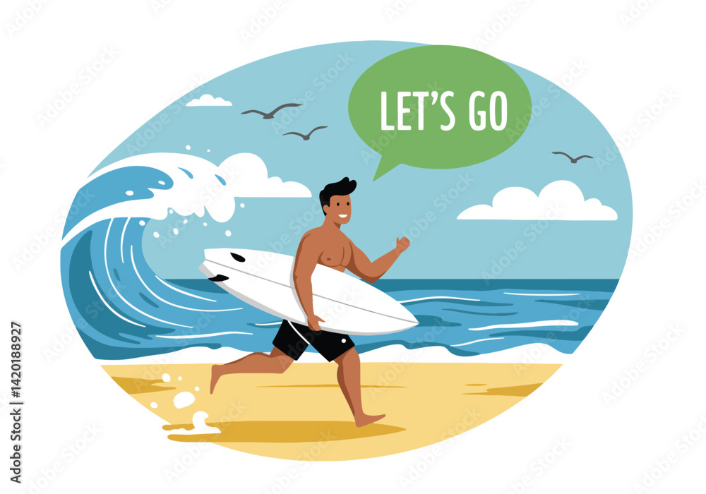 Flat style vector illustration of a man running towards a large wave with his surfboard, exclaiming for summer holiday surfing fun Flat style vector illustration of a man running towards a large wave with his surfboard, exclaiming for summer holiday surfing fun