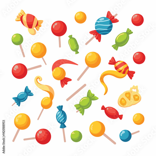 Colorful candies spread out on white background, playful delight