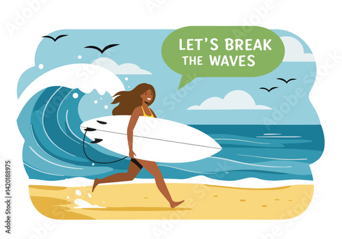 Flat style vector illustration of a woman running towards the ocean with her surfboard, ready for summer holiday surfing action