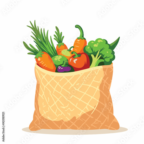 Colorful vegetables in mesh market bag against white background, freshness