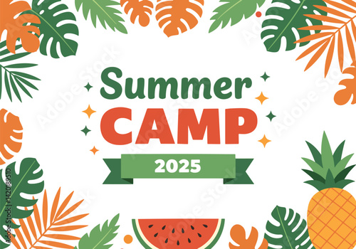 Vibrant and playful summer camp 2025 vector illustration with tropical leaves, watermelon, and pineapple framing the central text