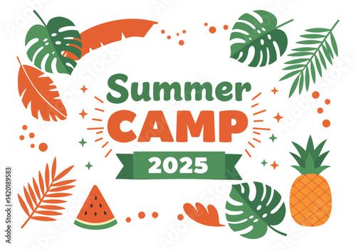 Vibrant and playful summer camp 2025 vector illustration with tropical leaves, watermelon, and pineapple framing the central text