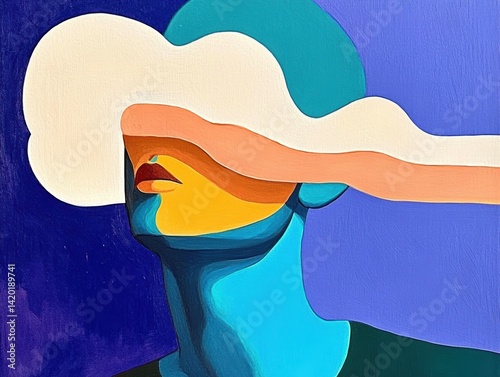 青と紫の背景に、雲で覆われた顔が描かれているアート作品である。
