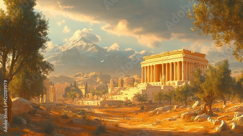 Ancient Greek city landscape at sunset