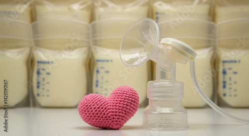 Breast pump with bags of breastmilk and a pink heart. Concept of motherhood, breastfeeding, love, and care for the baby. Represents the bond between mother and child, and the importance of nutrition.