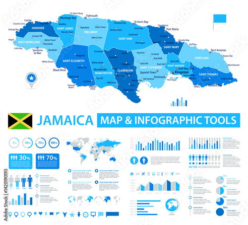 Jamaica Infographic Map with Data Visualization Elements - Vector Map of Jamaica