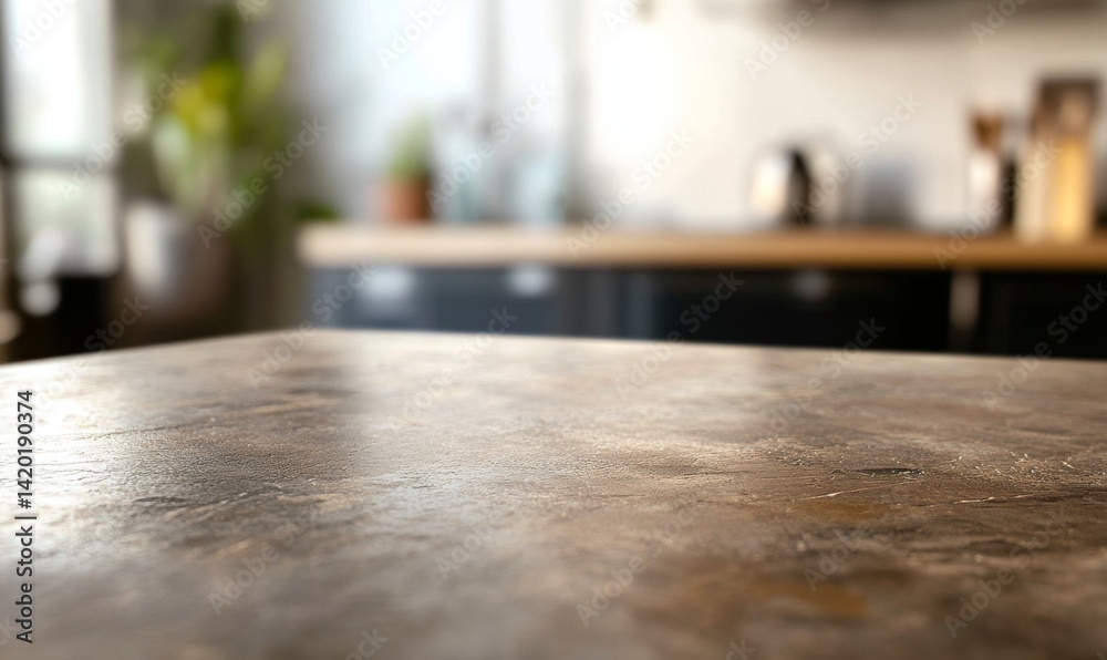 Kitchen countertop, out-of-focus background. Clean, modern, and cozy kitchen environment Kitchen countertop, out-of-focus background. Clean, modern, and cozy kitchen environment