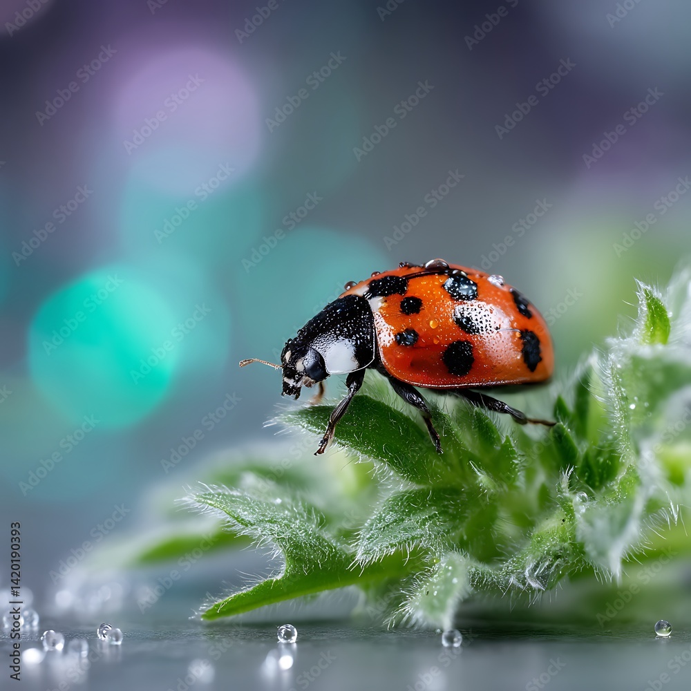 Fototapeta premium Ladybug Adorned with Dew Drops on Green Leaf Close Up Macro Fresh Spring Morning Light.