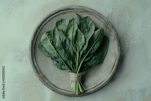 A Bunch of Fresh Spinach Leaves Tied Together, Set on a Matte Plate Over a Pale Surface, Showcasing the Natural Greenery and Minimalist Aesthetic of the Vegetable photo