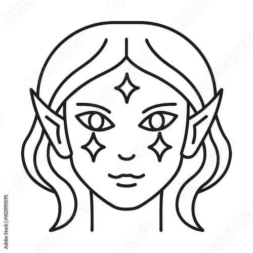 Minimalist vector illustration of an elf woman with pointed ears and star accents outline art