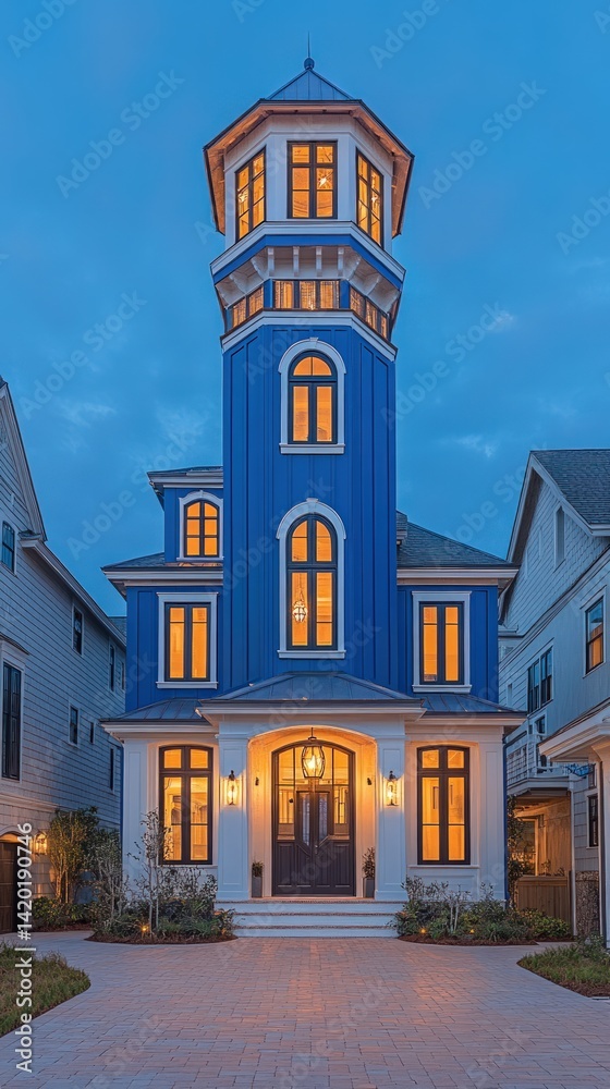 Obraz premium Blue tower building with windows and architectural details at dusk or dawn.
