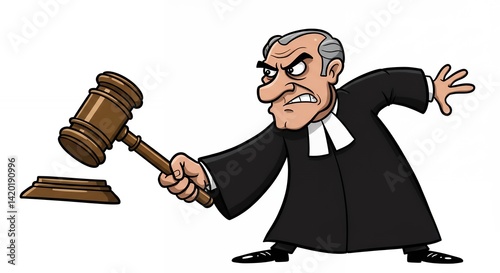 Angry judge banging gavel cartoon illustration legal justice concept