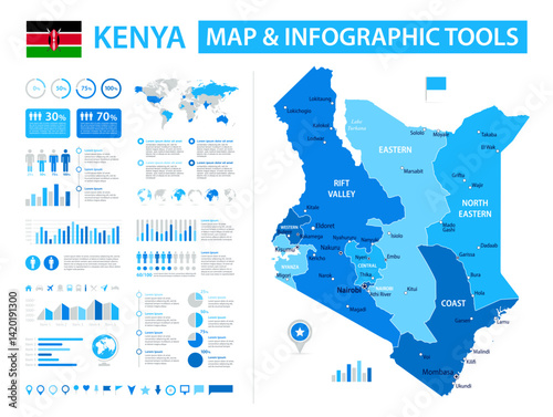 Kenya Infographic Map with Data Visualization Elements - Vector Map of Kenya