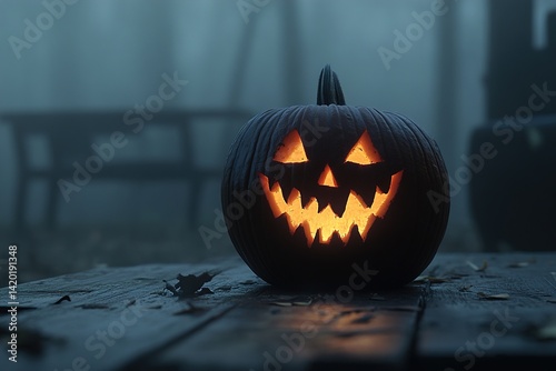 A Carved Pumpkin with a Glowing Face, Resting on a Wooden Table, Surrounded by a Dark, Foggy Background, Evoking a Mysterious and Haunting Atmosphere Perfect for Halloween photo