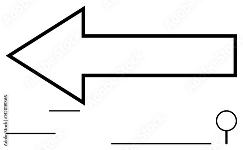 Large leftward arrow with linear motion accents and a small circle hinting at progress or targeting. Ideal for navigation, direction, focus, guidance, decision-making, planning, movement, flat simple