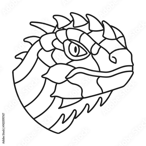 Black and white outline drawing of a reptilian iguana head vector illustration suitable for coloring pages childrens books