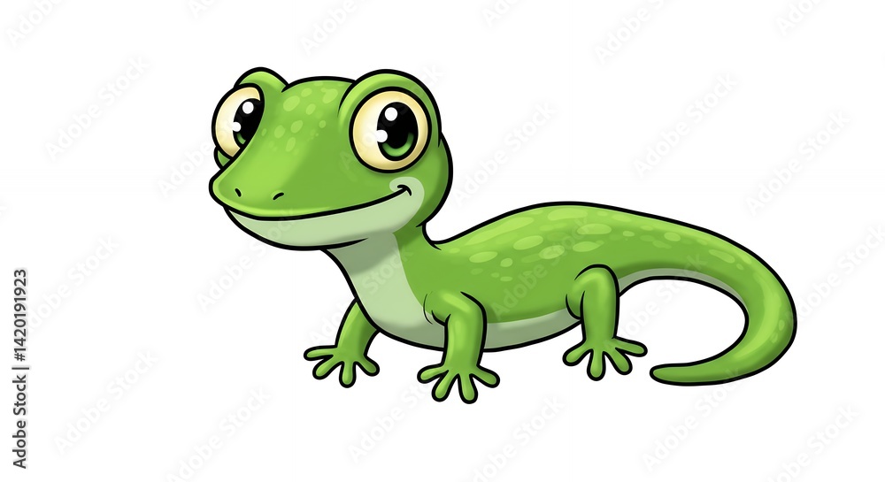 Fototapeta premium Cheerful green gecko cartoon illustration childrens pet nature design