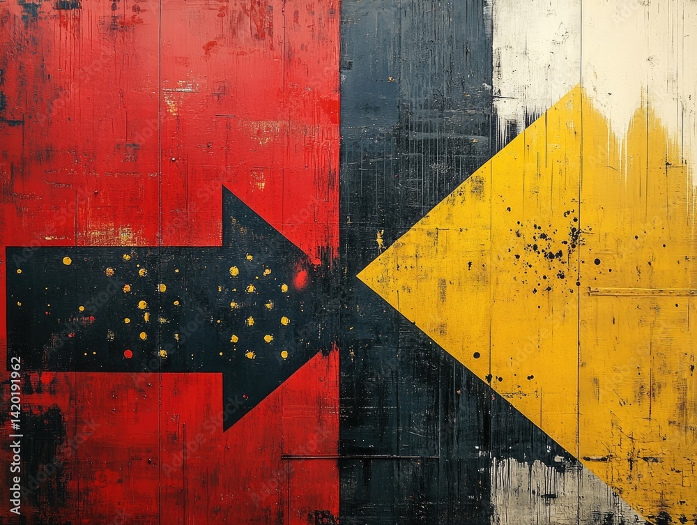 Naklejka premium Abstract art featuring a red square and yellow arrow with textured background.