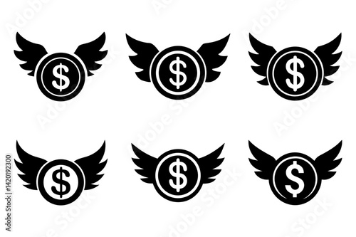 Set of black and white dollar sign with wings icons, finance and wealth symbol