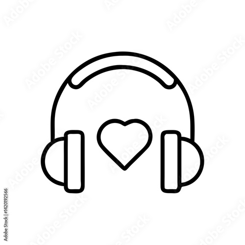Headphones embracing a heart, symbolizing the love for music and audio bliss in a bold, clean line art style.