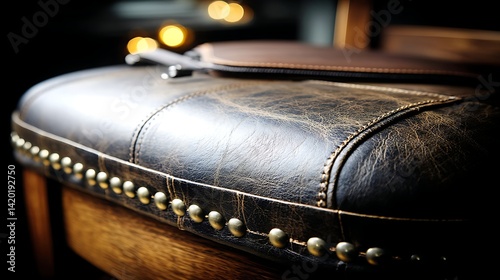 Leather Upholstered Ottoman with Brass Studs Detail in Dark Brown Palette Furniture Accent Piece.