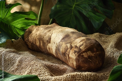 A Colocasia Root with a Rustic Surface, Resting on a Natural Fiber Cloth, Showcasing the Earthy Texture and Organic Beauty of the Root in a Minimalist, Natural Setting photo