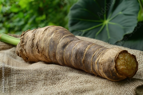 A Colocasia Root with a Rustic Surface, Resting on a Natural Fiber Cloth, Showcasing the Earthy Texture and Organic Beauty of the Root in a Minimalist, Natural Setting photo