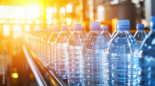 Close-up view of bright rows of water bottles in sunlight Generative AI