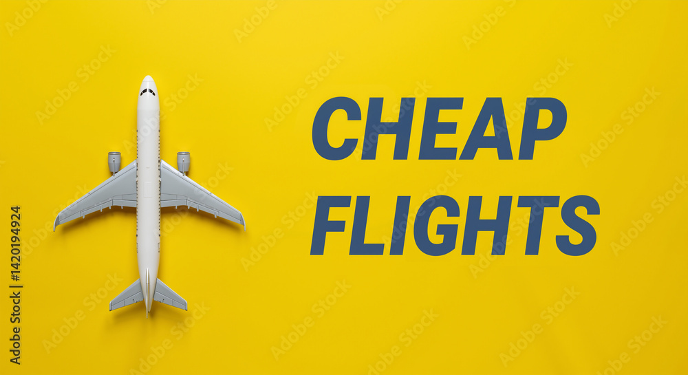 Fototapeta premium Airplane model with cheap flights text on yellow background 