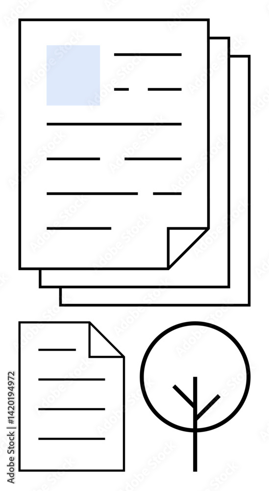 Stack of papers next to single sheet near tree symbol promoting eco-consciousness. Ideal for sustainability, recycling, conservation, environmentalism, paper use, ecology, awareness. Flat simple Stack of papers next to single sheet near tree symbol promoting eco-consciousness. Ideal for sustainability, recycling, conservation, environmentalism, paper use, ecology, awareness. Flat simple