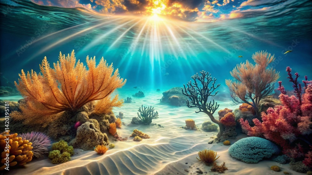 Obraz premium Sunbeams Illuminate Vibrant Underwater Coral Reef Scene with Sandy Bottom and Diverse Marine Life