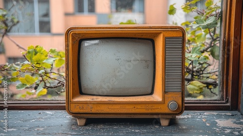 Vintage 1960s Television Set on Wooden Windowsill Surrounded by Plants photo