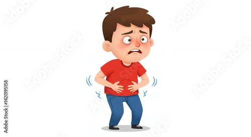 Worried young man experiencing stomach pain cartoon illustration