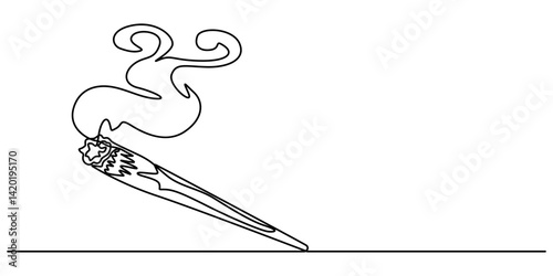Lit marijuana joint continuous one line drawing, Cannabis joint. Hand drawn vector illustration in sketch style. Marijuana spliff, minimalist pro style vector of white background. outline design.