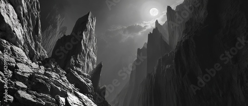 A dramatic black and white landscape showcasing jagged cliffs under a full moon, evoking a mysterious atmosphere.