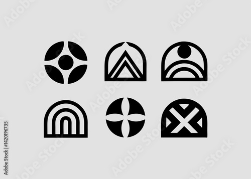 A collection of bold, minimalist geometric logo designs featuring arches, circles, and abstract shapes in a stark black and white palette.