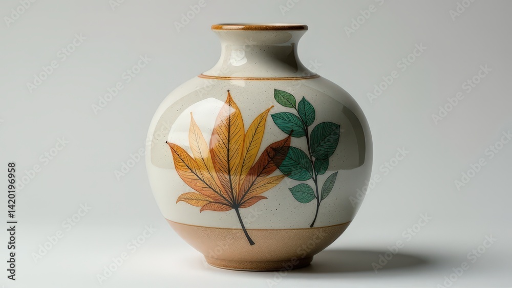 Decorative ceramic vase with autumn leaf and green leaf design on white background. Decorative ceramic vase with autumn leaf and green leaf design on white background.