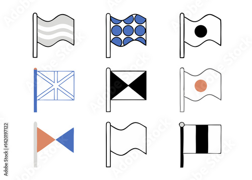 A playful collection of whimsical flags, each with unique designs and colors, displayed in a simple grid, showcasing bold lines and playful shapes.