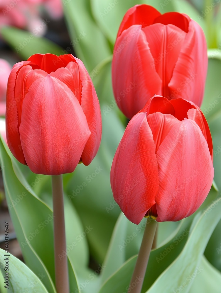 Naklejka premium Beautiful Red Tulips Spring Flowers Nature Bloom bud leaf stem love life petal plant macro